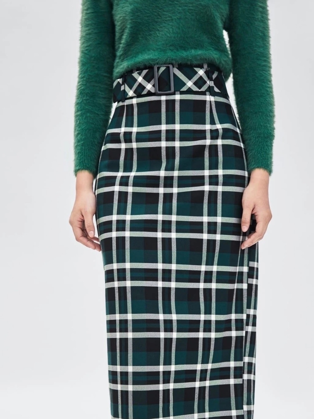 Zara TRF Collection Midi Checked Belted Skirt Women's Green White Black - XS
